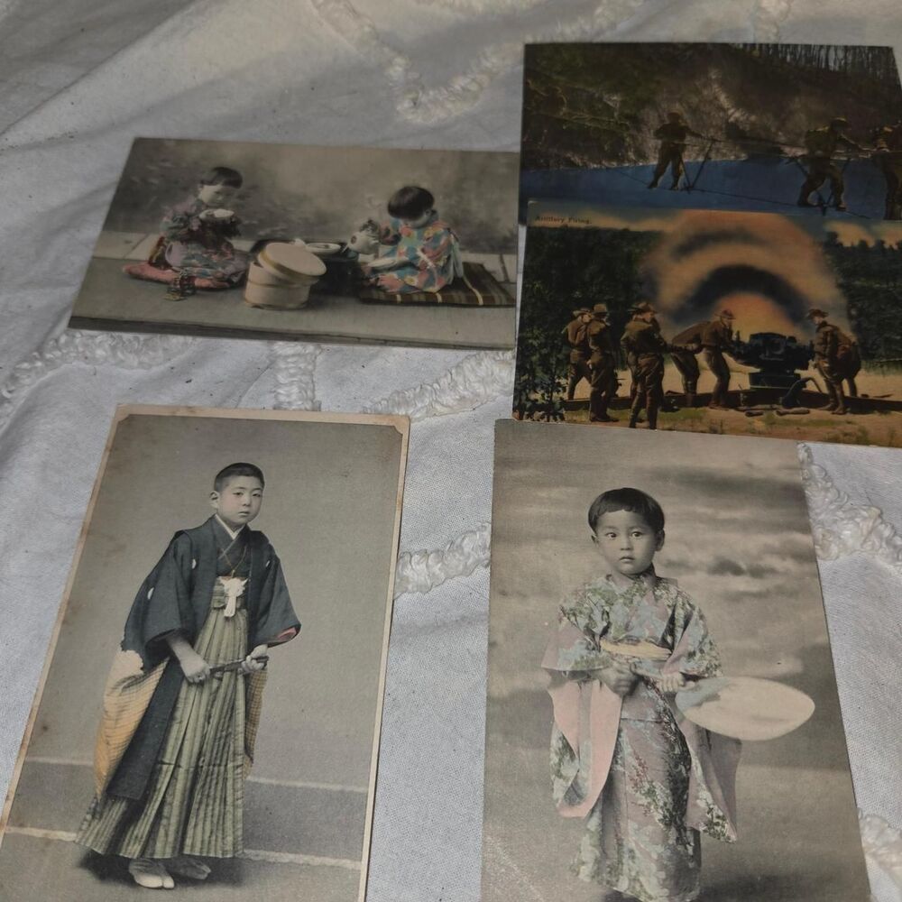5 Vintage & Antique Postcards Lot - Japanese Studio Portraits & WWII Military